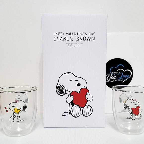 NEW Pottery Barn S/2 Double Wall Peanuts Snoopy Mugs Valentine's Day ❤️